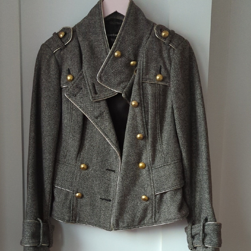 Gray Double-Breasted Jacket with Gold Buttons